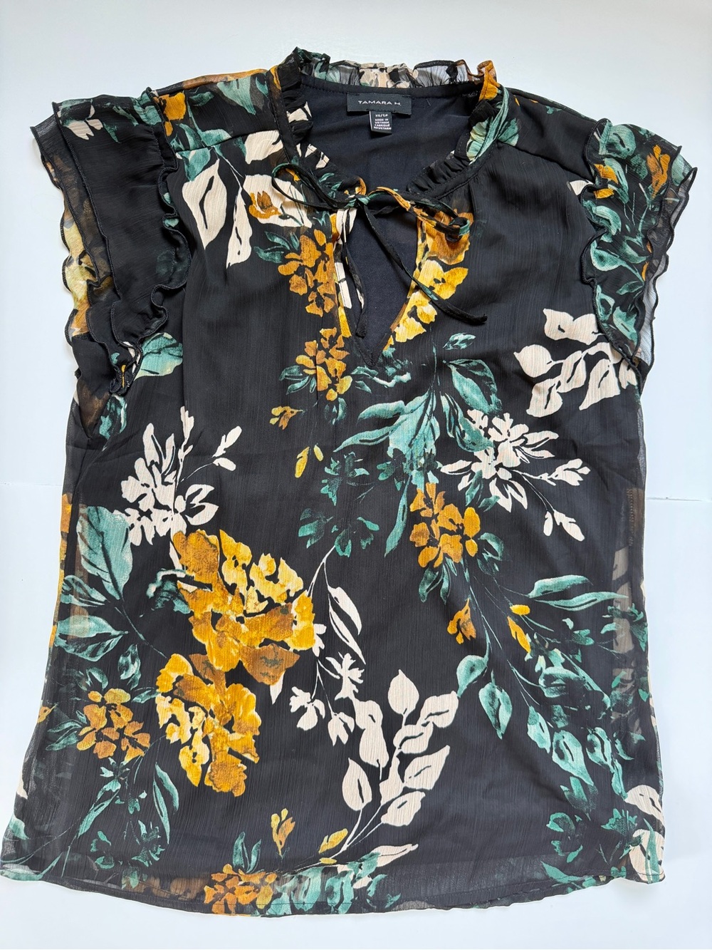 Tamara H Black Floral Chiffon Ruffle Flutter Sleeve Blouse Size XS